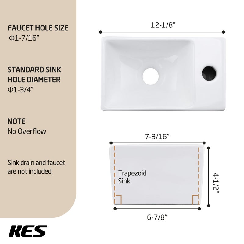 KES Small Vessel Sink 12"" X 7"" for Tiny Bathrooms, Floating Wall Mount Mini Bathroom Sink Right Hand (Sink Only) White, BWS100R - Image 3